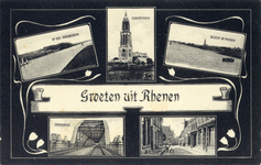 12272 Collage van gezichten te Rhenen:- de Grebbeberg met op de voorgrond de Rijn;- de Cuneratoren;- panorama van de ...